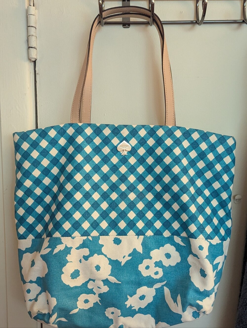 kate spade Teal and White Gingham & Floral Tote